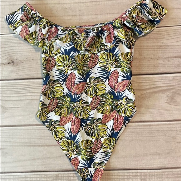 Cabana Del Sol Womens Size Large Tropical Floral Bathing Suit Ruffle Neckline - Picture 6 of 7